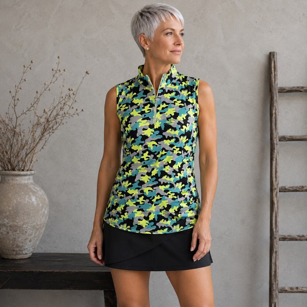 Bette & Court Lime Camo Sleeveless  Golf Tennis Top Medium